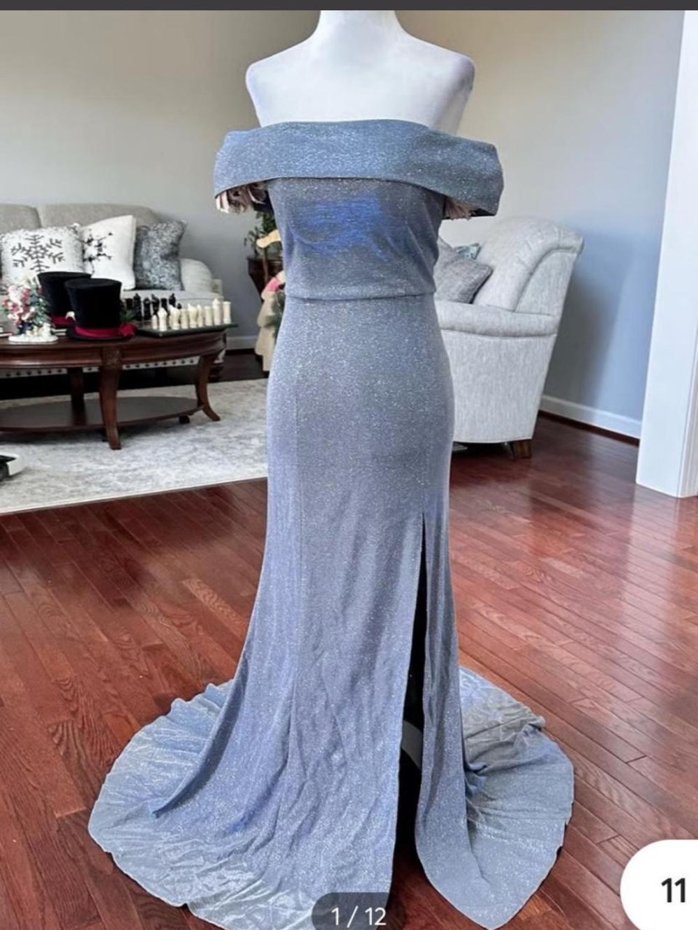 B. Smart Off-Shoulder Silver Glitter Gown